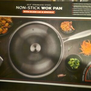 Stainless Steel Non-Stick Wok Pan with Glass Lid and Spatula